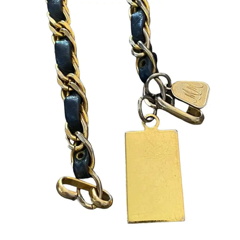 Morris Moskowitz Vintage Gold Chain Navy Blue Leather Hook Belt 39.5